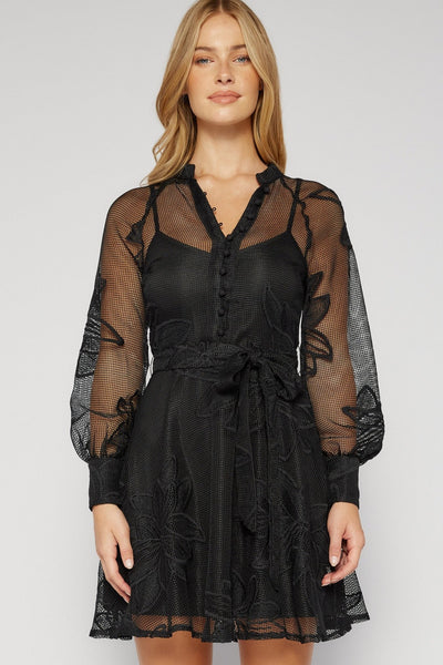 Aliah Floral Embroidered Black Short Dress