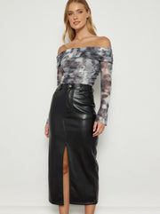 Yarna Black Faux Leather Midi Skirt