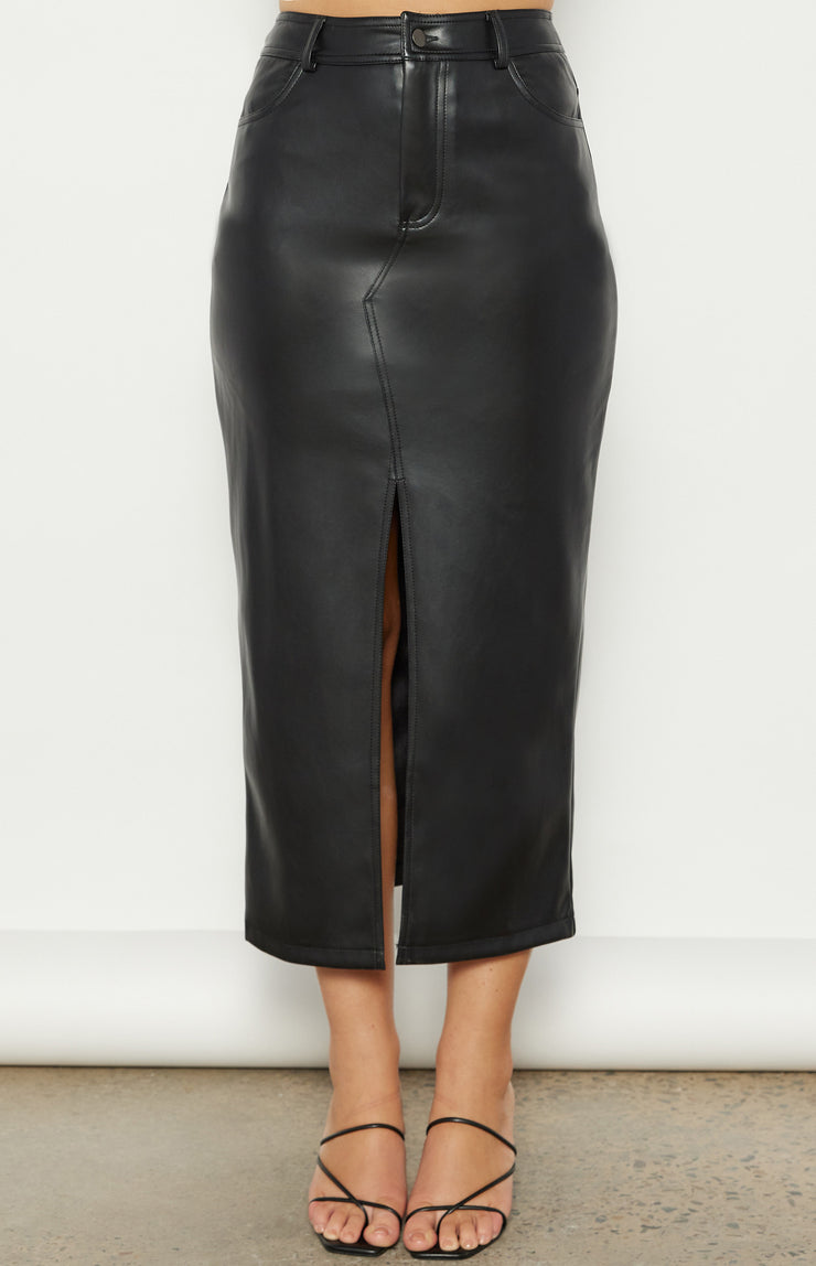 Yarna Black Faux Leather Midi Skirt