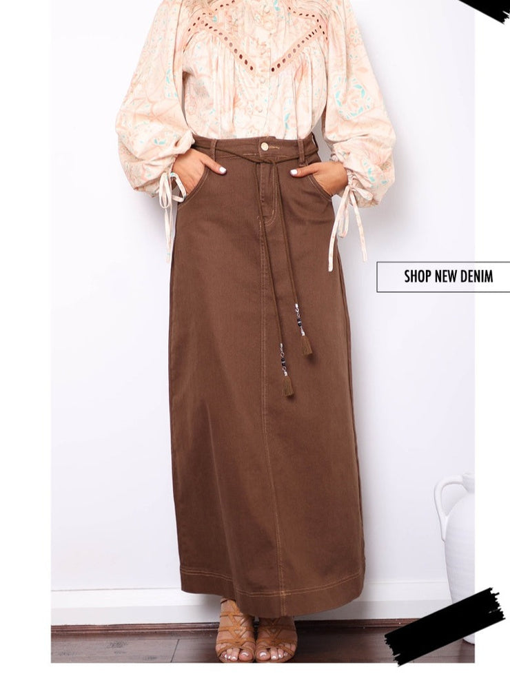 Elidee Chocolate Maxi Denim Skirt