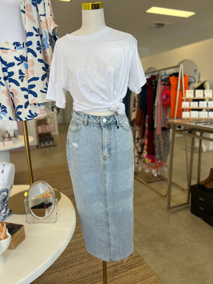 Raw Edge Midi Denim Skirt