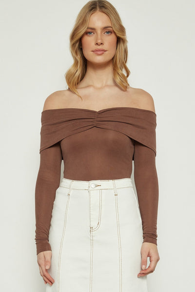 Myra Off Shoulder Soft Brown Long Sleeve Top