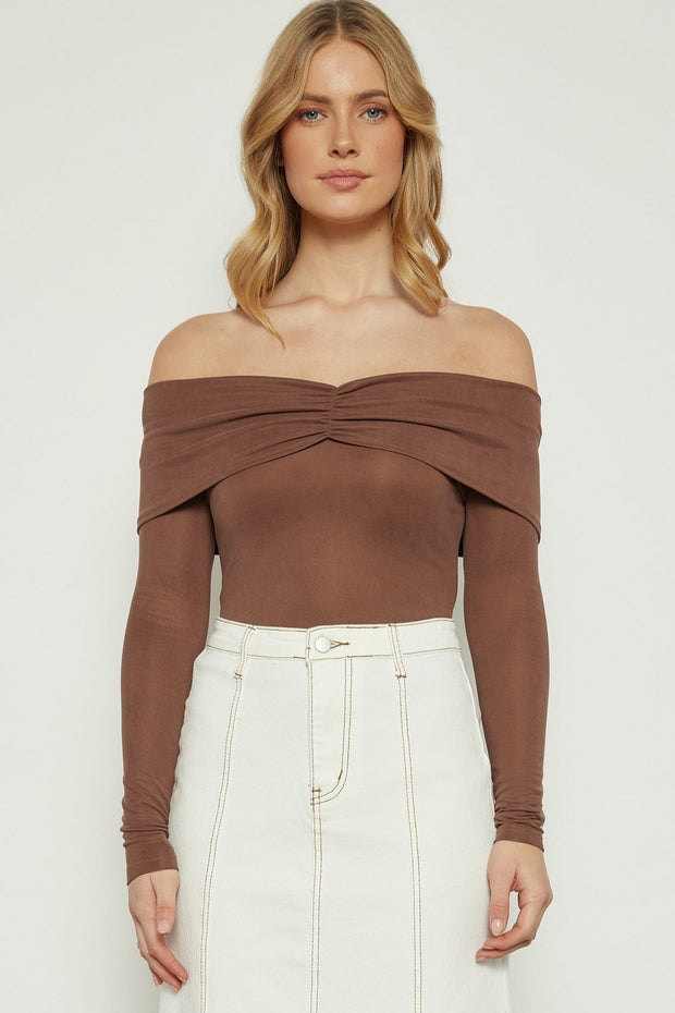 Myra Off Shoulder Soft Brown Long Sleeve Top